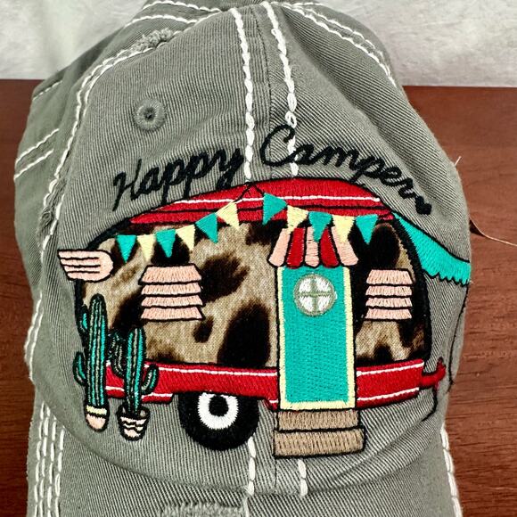 Kbethos Vintage NWT 100% Cotton Gray Happy Camper Cheetah Print Embroidered Cap - Picture 5 of 7